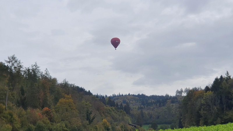 Ballon über herbstlichem Wald