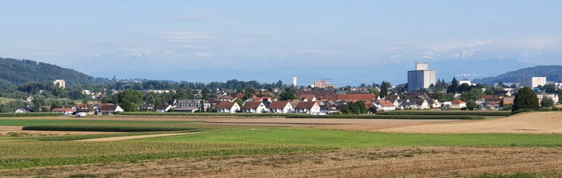 Blick durch das Bünztal zum Alpenkamm